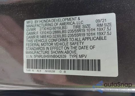 2022 Honda Odyssey Elite из США, поврежденный, VIN 5FNRL6H9XNB042639